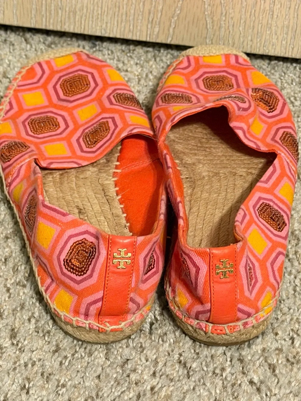 Tory Burch Pink and Orange Geometric Sequins Espadrille Flats